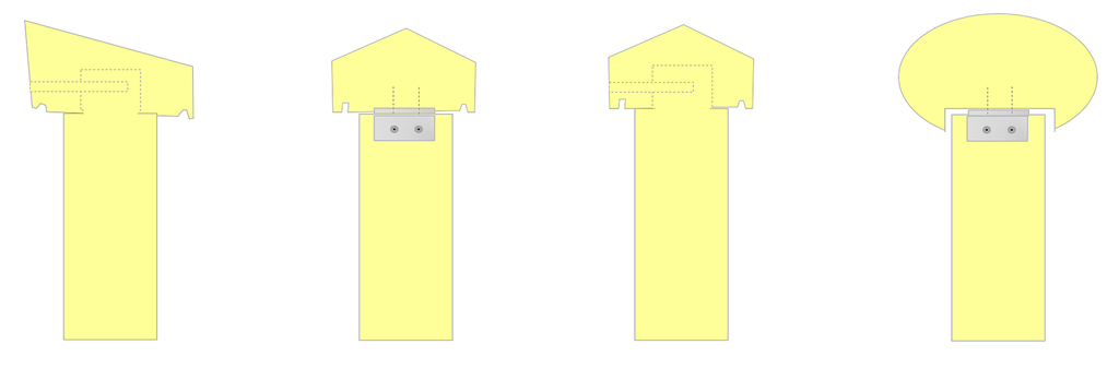 Figuur 1. Duurzame ontwerpen van brugleuningen. Links: enkelzijdige afschuining. Midden: dubbelzijdig afschuining. Rechts: D-shaped.